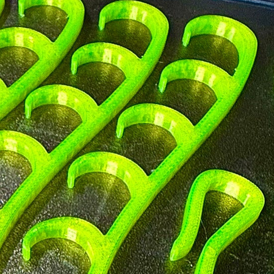 3D Printer Bambu X2D build plate with Gamma Green HempHooks and Rim Ckips